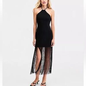 Bar III Black Halter Fringe Midi Dress